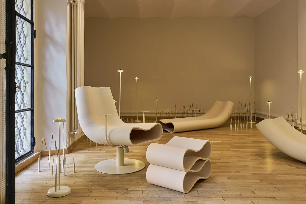 Tattile cellulose furniture piece by Yellowdot and LAMÁQUINA at Edible Reveries, Milan Design Week 2026