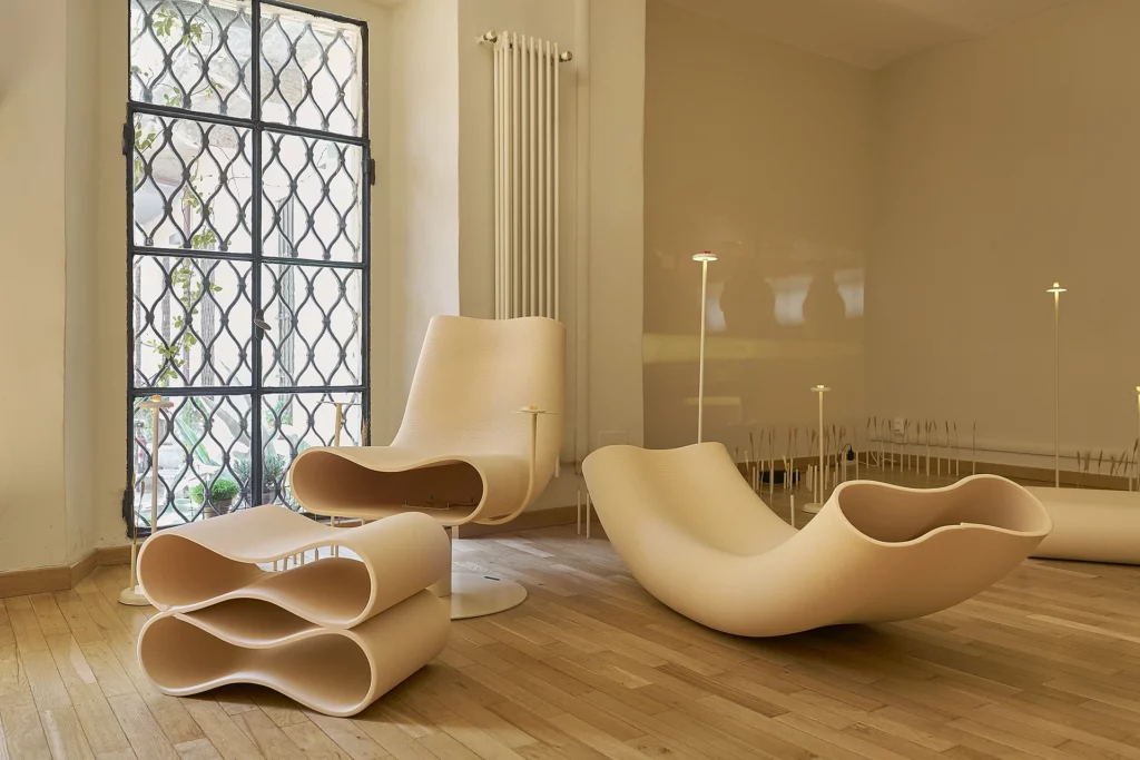 Tattile cellulose furniture piece by Yellowdot and LAMÁQUINA at Edible Reveries, Milan Design Week 2026