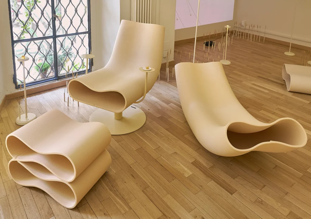 Tattile cellulose furniture piece by Yellowdot and LAMÁQUINA at Edible Reveries, Milan Design Week 2026