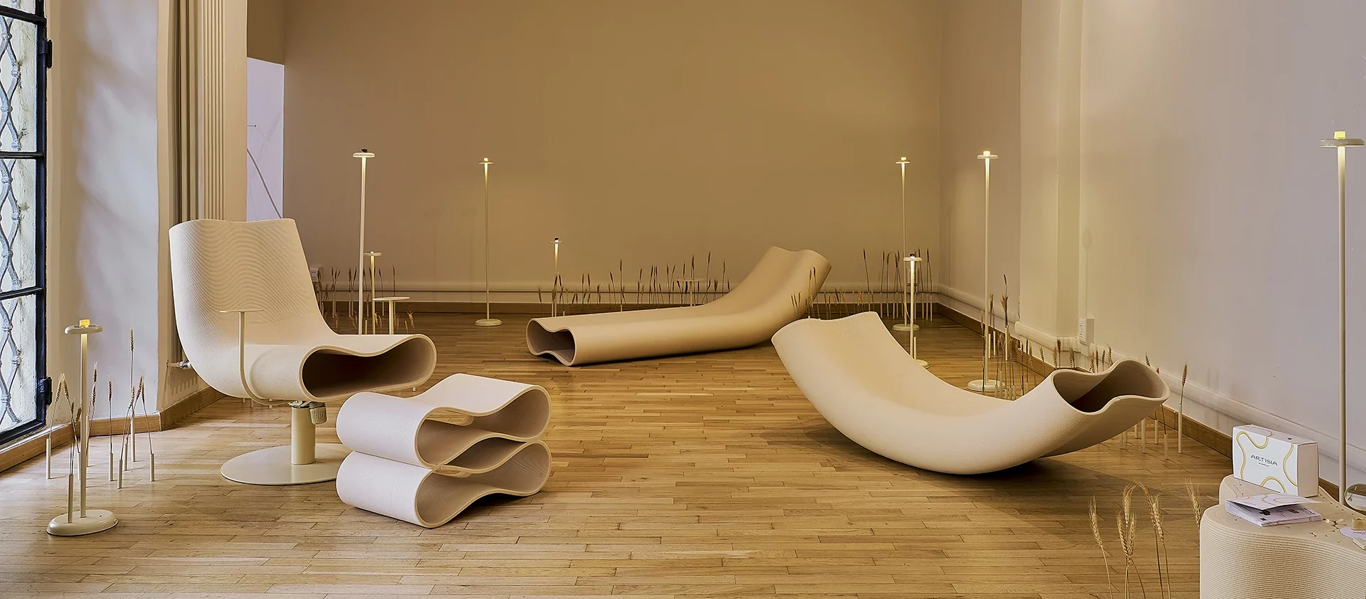 Tattile cellulose furniture piece by Yellowdot and LAMÁQUINA at Edible Reveries, Milan Design Week 2026